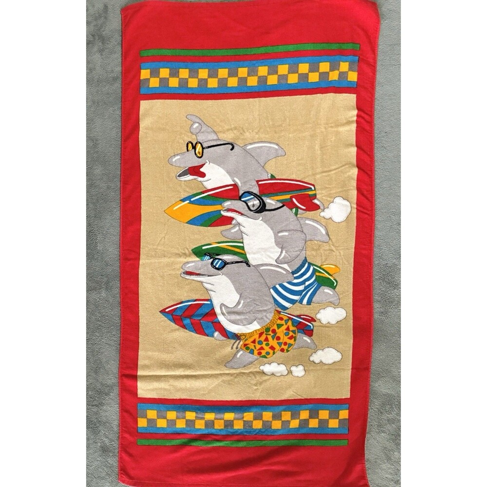 Seven Seas Shark Beach Pool Towel Vintage 30x60” Running Surfboard Checkerboard